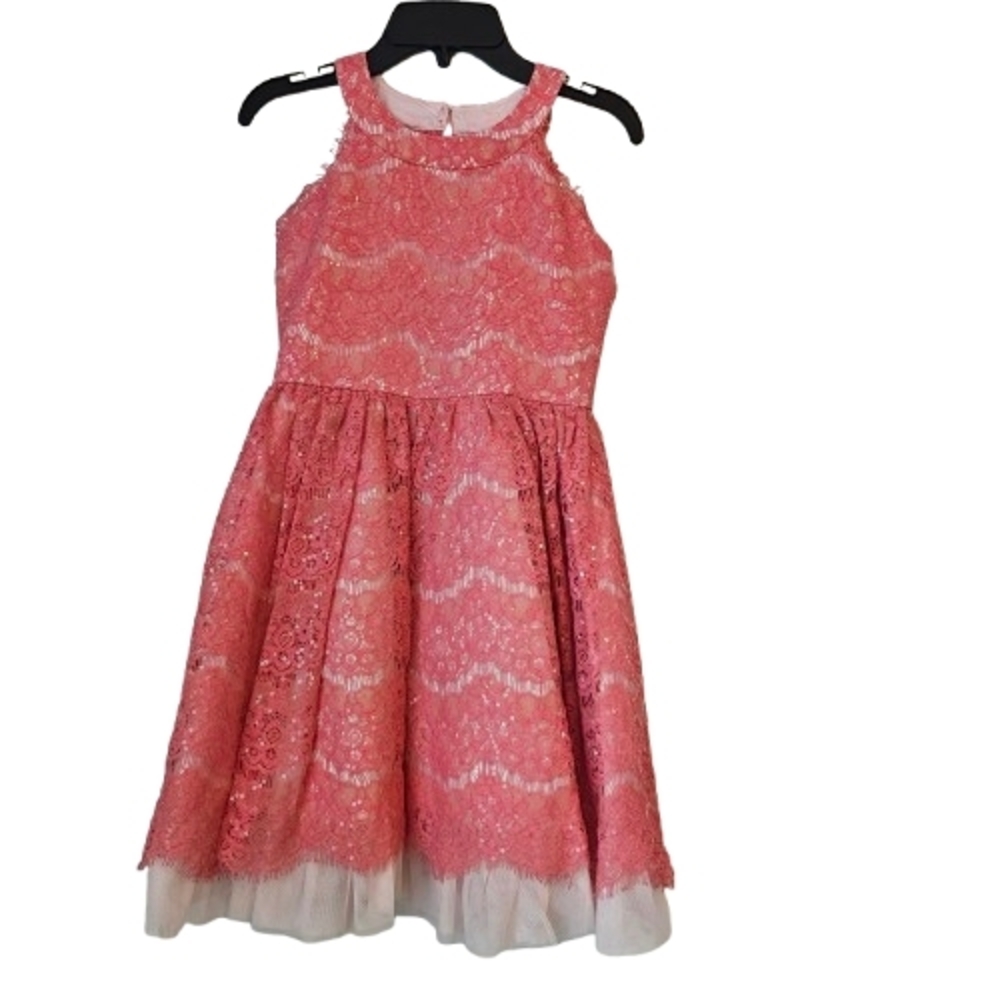 Rare Editions Lace Party Dress Formal Pink Coral Size 10 Apron Neck
